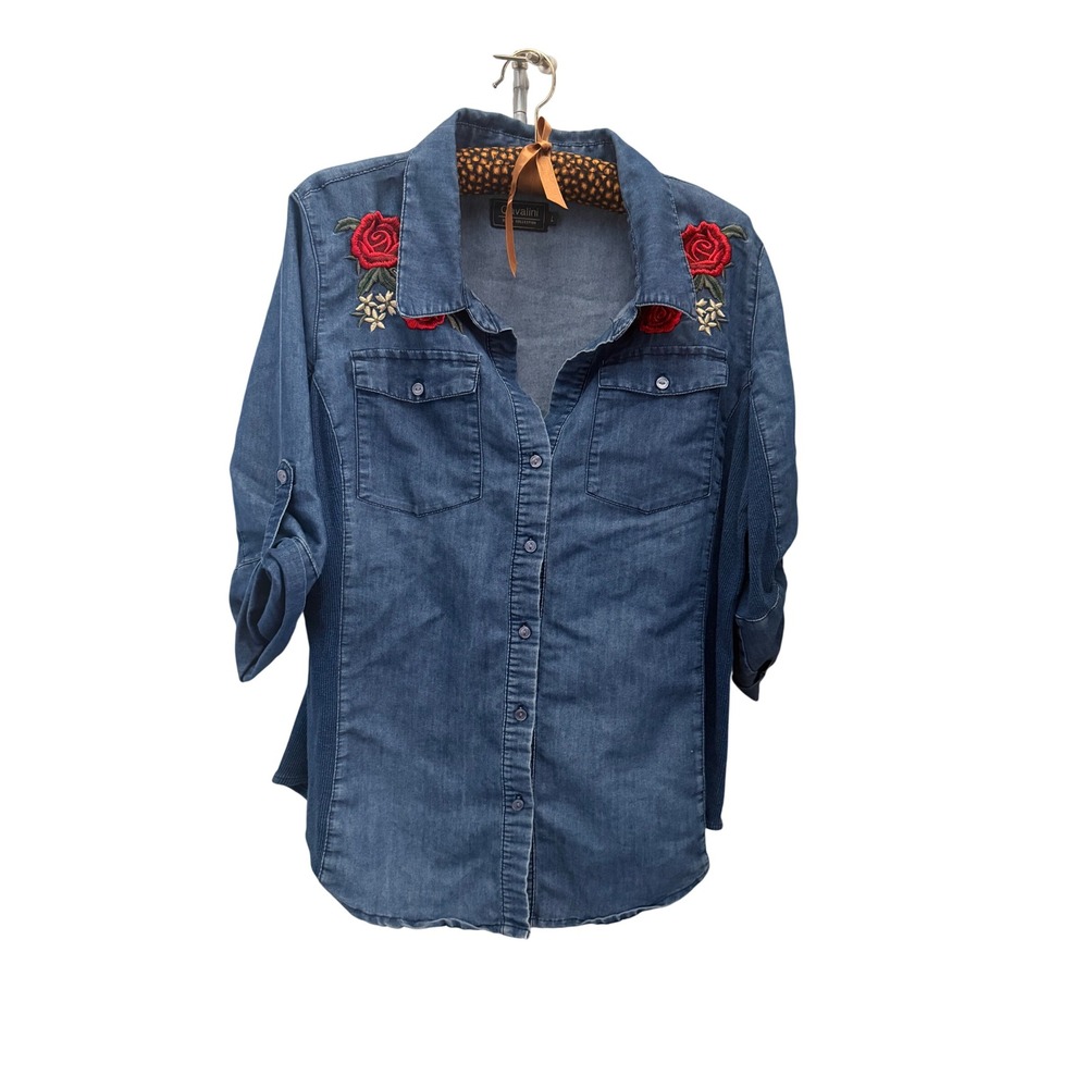 Cavalini Denim Collection Rose Embroidered Button Down Shirt Blue Large CTP99M - Picture 1 of 8